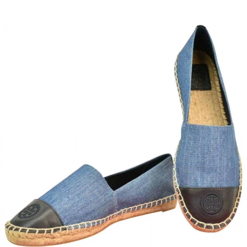 Tory Burch Indigo Light Wash Denim Chambray Leather Espadrilles 9.5